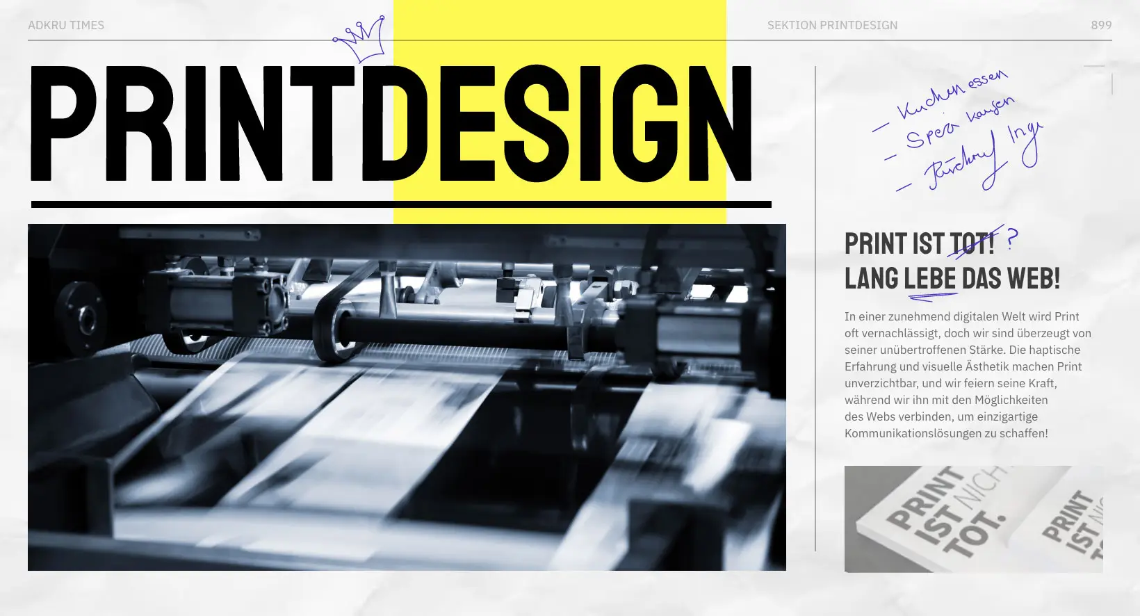 Grafik mit Druckmaschine und Schriftzug Printdesign – Symbol für eine professionelle Print Design Agentur